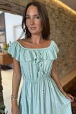 Made in Italy Forget Me Knots Bardot Shirring Dress Sky /10 =